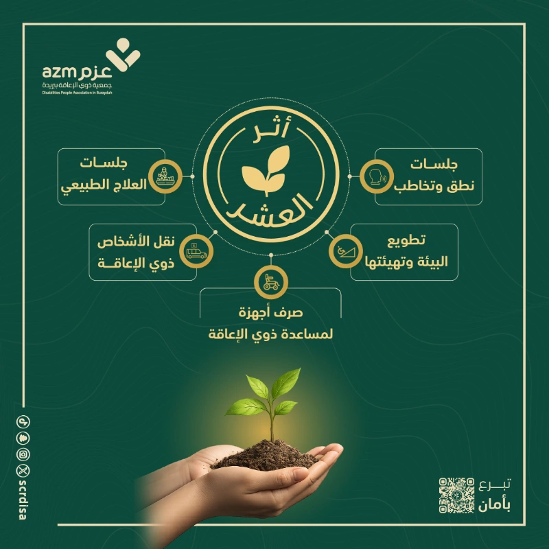 اجعل لك أثـر دايم من أثر العشر بالايام الفضيلة العشر لدعم ذوي الاعاقة واجعل لك أثرا يوميا عبر 1جلسات نطق وتخاطب2جلسات العلاج الطبيعي3تطويع البئية وتهيئتها4نقل ذوي الاشخاص ذوي الاعاقة5صرف اجهزة لمساعدة ذوي الاعاقةتبرعك اليوم أجره ممتد طوال العام