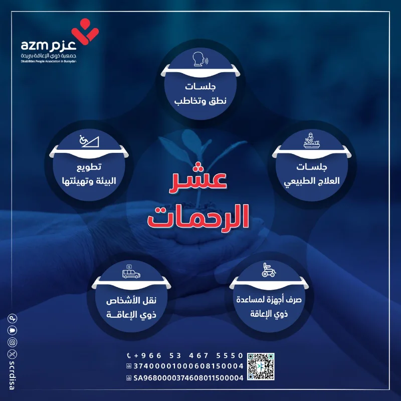 ساهم بصدقة واحدة تشمل مجموعة من العشر الرحمات الخيرة لذوي الاعاقة1جلسات نطق وتخاطب2جلسات العلاج الطبيعي3تطويع البئية وتهيئتها4نقل ذوي الاشخاص ذوي الاعاقة5صرف اجهزة لمساعدة ذوي الاعاقةاغتنم الفرصة واكسب الاجر